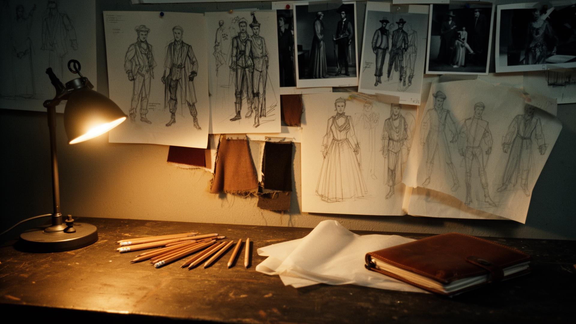 Workshop wall pinned with character sketches, wardrobe references, and tracing paper under warm lamp light.