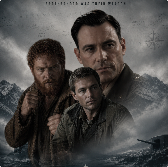 Castner's Cutthroats character key art — three leads above the Aleutian seas.