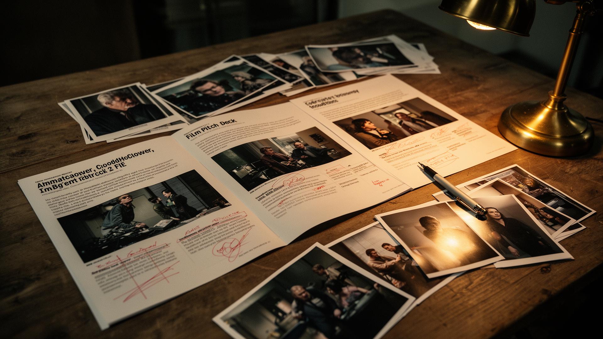 Printed editorial pitch deck pages spread across a table with red-pen revisions and photographic prints.