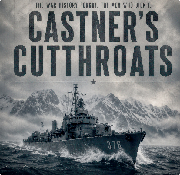 Castner's Cutthroats key art — destroyer 376 cutting through Aleutian seas.