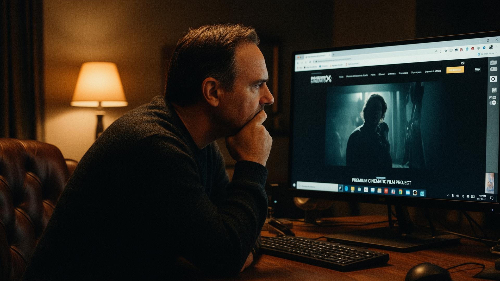 A producer in a warm studio leaning toward a large monitor displaying a premium cinematic film website.