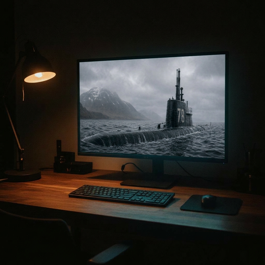 Castners Cutthroats pitch monitor displaying a WWII submarine surfacing in the Aleutian seas.