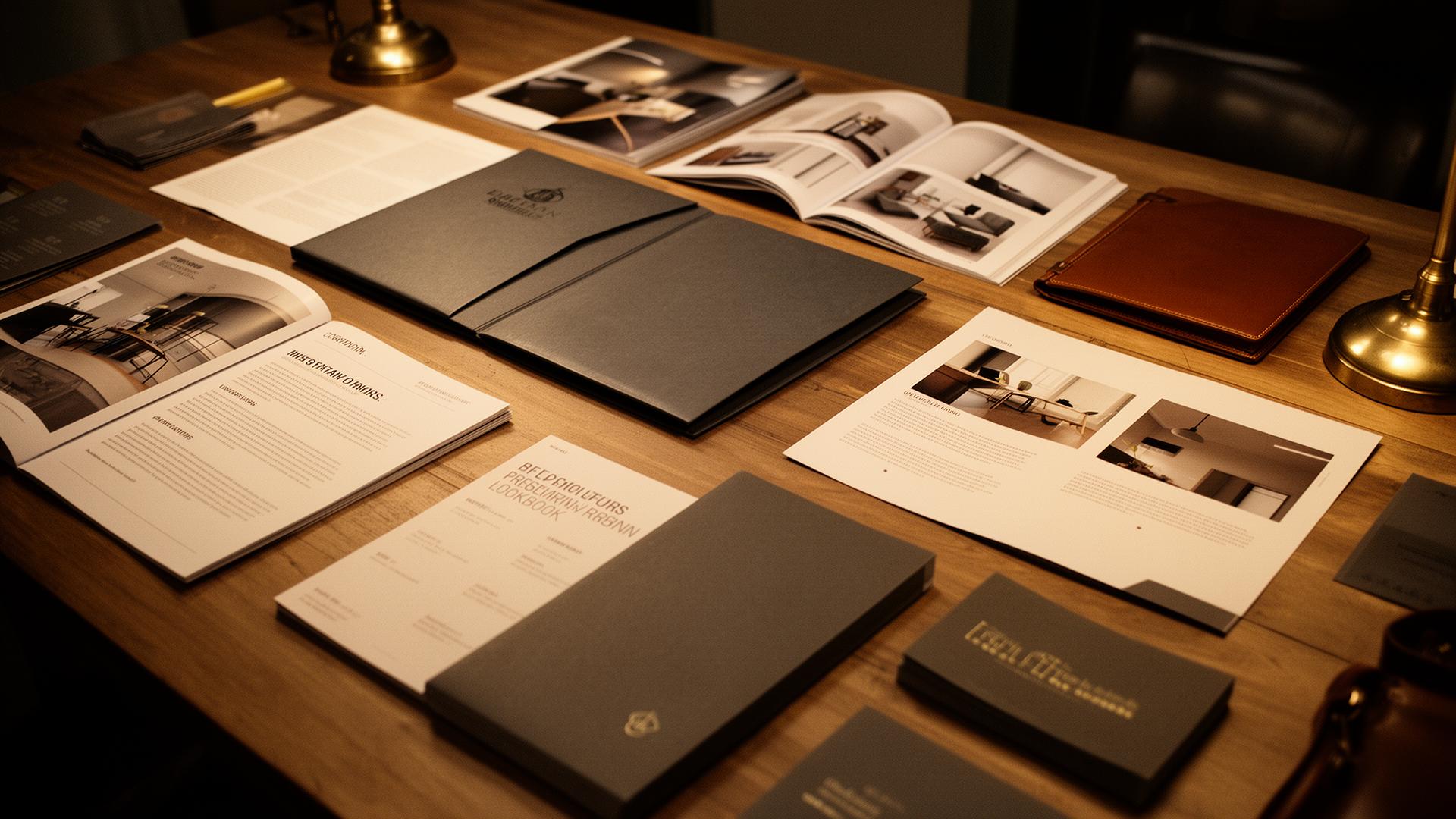 Investor materials laid out across a long wooden table — one-sheets, folders, lookbooks, and concept boards.