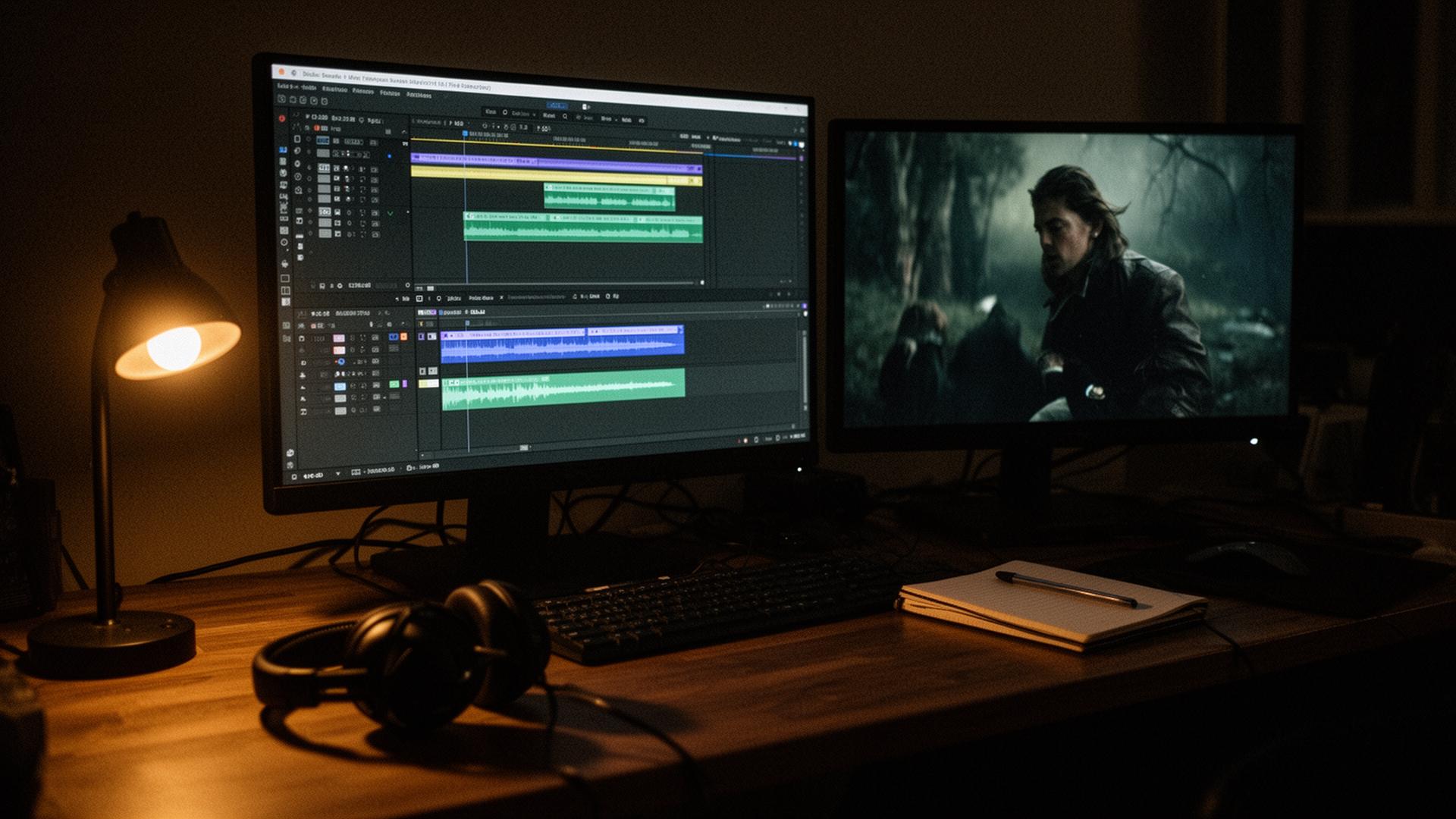 Editing bay at night with a glowing timeline on one monitor and a cinematic film still on another.